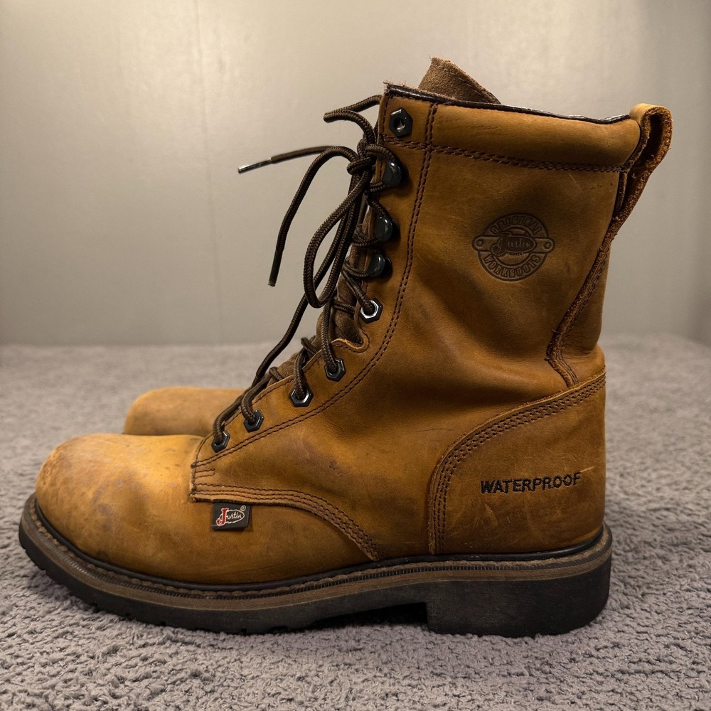Justin Work Boots Mens 8.5 EE Brown Leather WK961 Waterproof Steel Toe 8 Inch - Picture 7 of 14